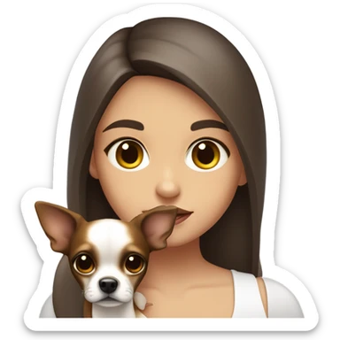 A girl with long brown hair, big dark brown eyes, huge lips wearing a white singlet top, she is holding a chihuahua that only has one colour being yellow sticker