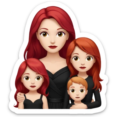 White woman in black dress with long red hair and makeup with two kids in beige  sticker