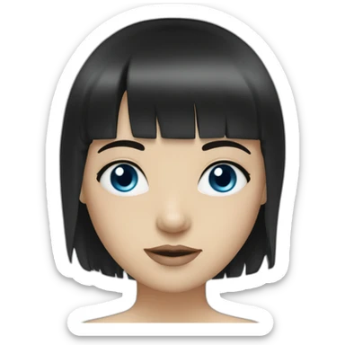 girl with blue eyes black hair fringe white skin and a little cheek sticker