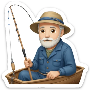 an old white haired, bearded man in fisherman attire, sat in a big boat on a calm sea, holding one fishing rod in one hand, with the end of the fishing line touching the water sticker