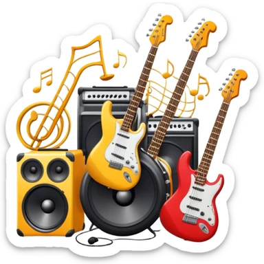 Icon for R&B Music Listening: large concert speakers and headphones with waves of musical notes coming out, along with an electric guitar, bass guitar, drum kit, and synthesizer, saxophone. The icon should convey the energetic and rhythmic vibe of R&B music. Transparent background. sticker