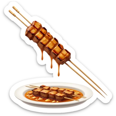 Cinematic Realistic Satay Dish Emoji, depicted as skewered, marinated meat grilled to perfection rendered with rich, smoky textures and dynamic, appetizing lighting. sticker