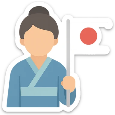 person in a traditional Japanese kimono holding the flag of Japan, color icon sticker