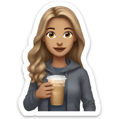 Beautiful woman, long light brown hair, brown eyes, cozy holding an iced coffee sticker