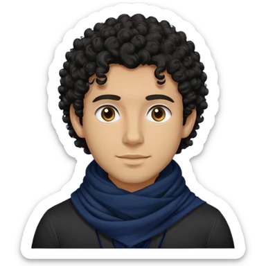 tan skin to deep skin guy, black curly hair, black shirt with navy scarf sticker