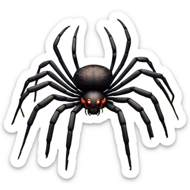 Huge spider sitting on grass with flowers, surrounded by a lush meadow. Detailed eight legs and body, with soft natural lighting enhancing its texture. Calm, serene background with vibrant greenery and a clear sky. Transparent background. sticker