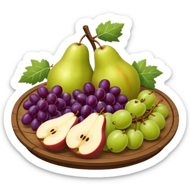 medieval fruit platter object icon, sliced apples and pears, grape clusters, rustic plate, fresh juicy look, 3D cartoon, mobile game icon style, clean background, no text, no watermark
 sticker