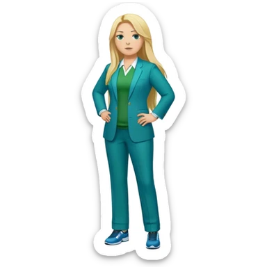 Full Body white plus size female basketball head coach with long blonde hair in a blue and green suit sticker