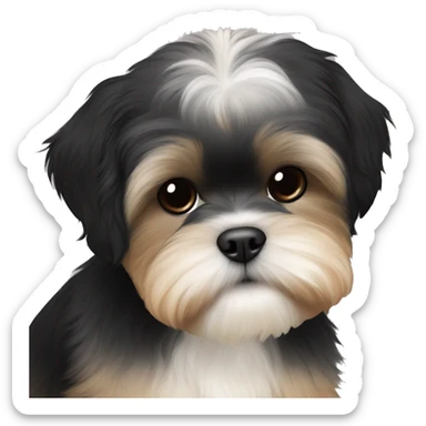 Shih tzu black puppy, yorkie coloring with light colored eyebrows. Round face, short ears. Looks like teddy bear  sticker