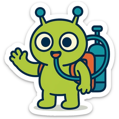 adorable alien with an oxygen tank, cartoon style, round shapes, playful look sticker