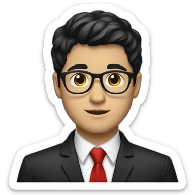 White boy wearing glasses with black hair with brown eye with black shirt and red tie sticker