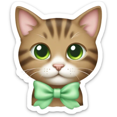 kawaii brown tabby kitten with green eyes and pastel green bow sticker