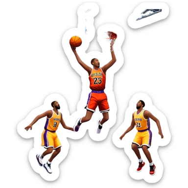 An icon showing a basketball court with players in action, inspired by NBA 2K25. A player jumps for a dunk, the ball mid-air, surrounded by a vibrant basketball arena with cheering fans and bright lights. Transparent background emphasizes the intense atmosphere sticker
