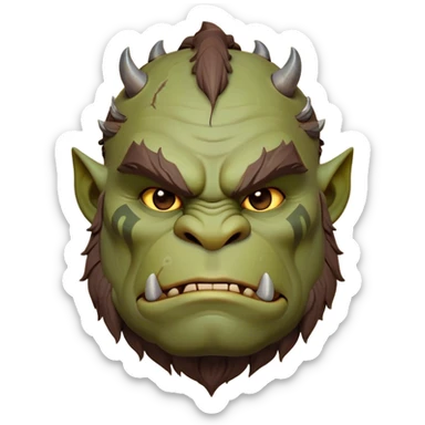 Cinematic Noble Ogre Portrait Emoji, Majestic and imposing, with a rugged, muscular form in deep earthy greens and browns, adorned with battle scars and subtle tribal markings, exuding calm, noble strength and unexpected wisdom, simplified yet strikingly detailed, glowing with a shadowy outline that captures the essence of a gentle giant with fierce heart! sticker