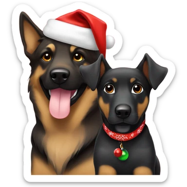 Light brown dog in Santa hat sitting next to a black German Sheppard that is wearing a Christmas bandana sticker