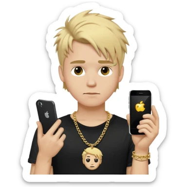 make a iphone emoji who is a white man that looks young with messy blonde medium hair with a black punk shirt and a golden neckless sticker