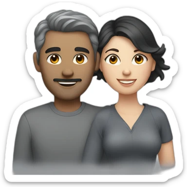 a couple of men and women with dark hair with a gray british cat sticker