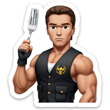 Young Arnold Schwarzenegger wearing a black vest with a fork and knife crossed logo on it from commando poster with war makeup on ready to fight (seen above the chest) sticker