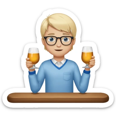 Wygeneruj mi emotke ubranego chłopaka i pokaż go od stóp do głów o włosach blond z niebieskimi oczami w okularach, który utrzymuje się na drążku sticker