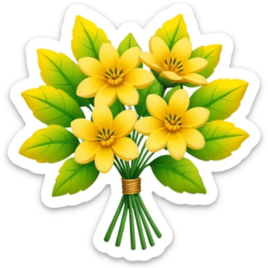 Generate a high-quality image of a bouquet of flowers dominated by yellow blooms, with a mix of green leaves, realistic colors and shading, smooth gradient colors, no human figures, no facial features, no brand markings, simple white background, high-resolution.
 sticker