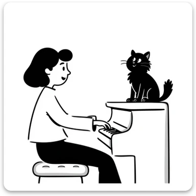 woman playing piano while her cat sits on top of the piano sticker