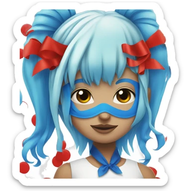 Girl with blue hair two ponytails on the side with red ribbons on it and a red mask with black dots on it sticker