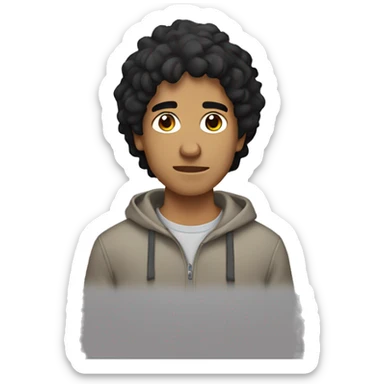 Guy with shaggy black hair, tan skin, gray hoodie sticker