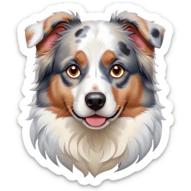 Cinematic Noble Calico Australian Shepherd Portrait Emoji, Poised and regal, with a strong, agile build and a predominantly white coat with calico merle markings of tan, black, and red, piercing blue eyes, Simplified yet sharp and sophisticated features, highly detailed, glowing with a soft, dignified glow, high shine, intelligent and loyal, stylized with an air of elegance, focused and attentive, soft glowing outline, capturing the essence of a watchful and confident herder, so majestic it feels as though it could step out of the screen with effortless authority! sticker