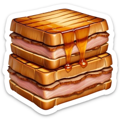 Cinematic tender pork belly, slow-roasted to perfection, crispy caramelized edges, glistening with juices, sliced into thick, rich layers, warm golden tones, luxurious and indulgent. sticker