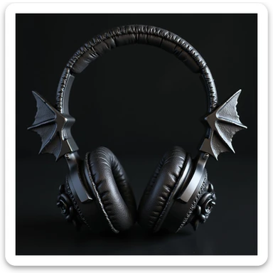 realistic black gothic headphones with bat wing details, lace trim, and dark roses, photorealistic style sticker