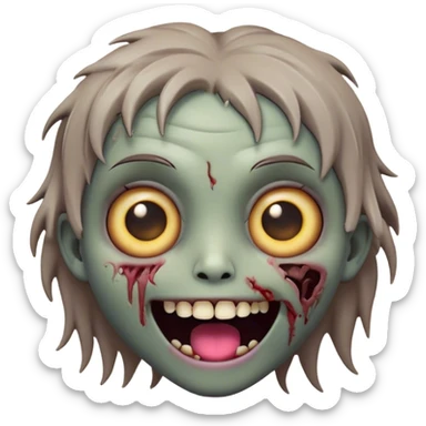 Cinematic Cute Zombie Portrait Emoji, with a delightfully quirky, slightly disheveled face in muted ashen hues, featuring quirky bright eyes and a playful, stitched-together smile, simplified yet irresistibly charming, highly detailed with a soft glowing outline that captures the adorable, offbeat spirit of a zombie who’s more cute than creepy! sticker
