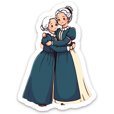 Two modest Victorian women hugging, one with white hair and one with copper red hair, wearing long Victorian dresses sticker