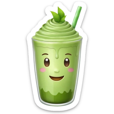 Emoji glossy 3D de un vaso de matcha latte, vaso de vidrio transparente con matcha espumoso verde pastel, capas suaves de leche y matcha, brillo intenso tipo sticker, sombras delicadas, fondo transparente, estilo cute moderno, alta calidad sticker