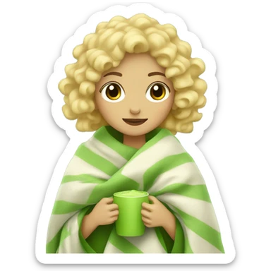 blonde girl with curly hair with a blanket that holds a matcha sticker