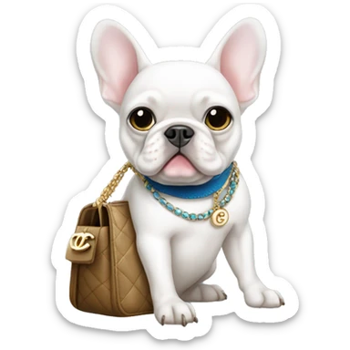 White French bulldog blue eyes holding a Chanel purse sticker