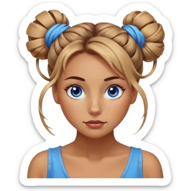 Attractive Woman with tan skin, blue eyes, wide face, freckles, and a twisted messy bun sticker