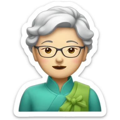 Chinese senior lady looks sleepy wear glasses sticker