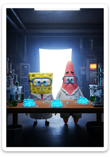 3D cienmatic cartoon shot, spongebob and patric dress in safety glasses and safe white outfit, the are standing front of table with blue crystals on table glowing (light source) science room in basement, back light, Cinema 4d render, proffesional lightning sticker