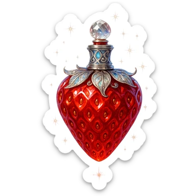 luxurious crystal elixir bottle in strawberry shape, vibrant red color, ornate silver and iridescent details, magical glowing and sparkling effects, very small neck, seamless bottom, transparent background, bottle clearly floating in air, no base or shadow, modern, collection style sticker