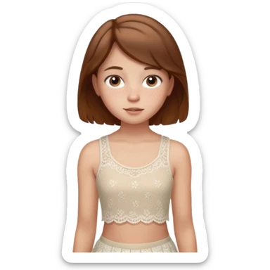 Generate a 14 year old girl with brown hair a little bit of a baby face and a lot of freckles brown eyes and wearing a lace tank and a skirt sticker