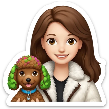 A white girl smiles a broad smile. She parts a long straight brown hair in middle. and she wears a white fur jacket. She also holds one brown poodle. sticker