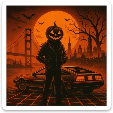 Make the head of the person a halloween pumpkin, make the entire image feel like Halloween retro, make the cityscape san francisco sticker