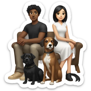 girl with white skin and black hair sitting next to a man with tan skin and black hair, a black and white dog sitting next to them and also a brown dog sitting next to them  sticker