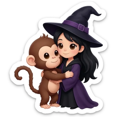 Monito abrazando a un Bruja de pelo negro sticker