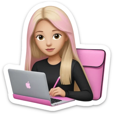 Mujer lacia peli larga y peli larga  en una MacBook rosa investigando y haciendo tareas con un libro de apuntes y con cara muy linda como modelo sticker