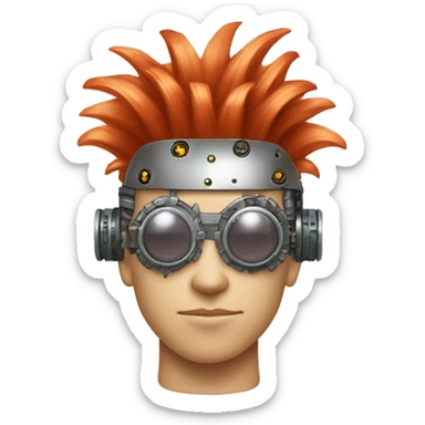Light red Mohawk hair male cyborg head with white steampunk goggles and circuits sticker
