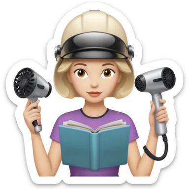 Emoji de mujer con casco secador, pelo recogido, cogiendo revista con las dos manos, estilo vintage chic sticker