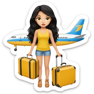 a pretty bratz dusky girl with long wavy black hair in a yellow tank top with a black suitcase at an airport sticker