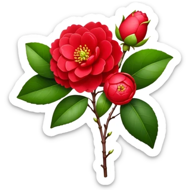 bouquet Red Camellia, luxuriant, stem, leaf, bud sticker