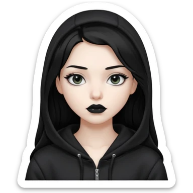 Black haired girl, silver eyes, black lipstick, white skin, black hoodie, sharp face, long hair, hoodie off sticker